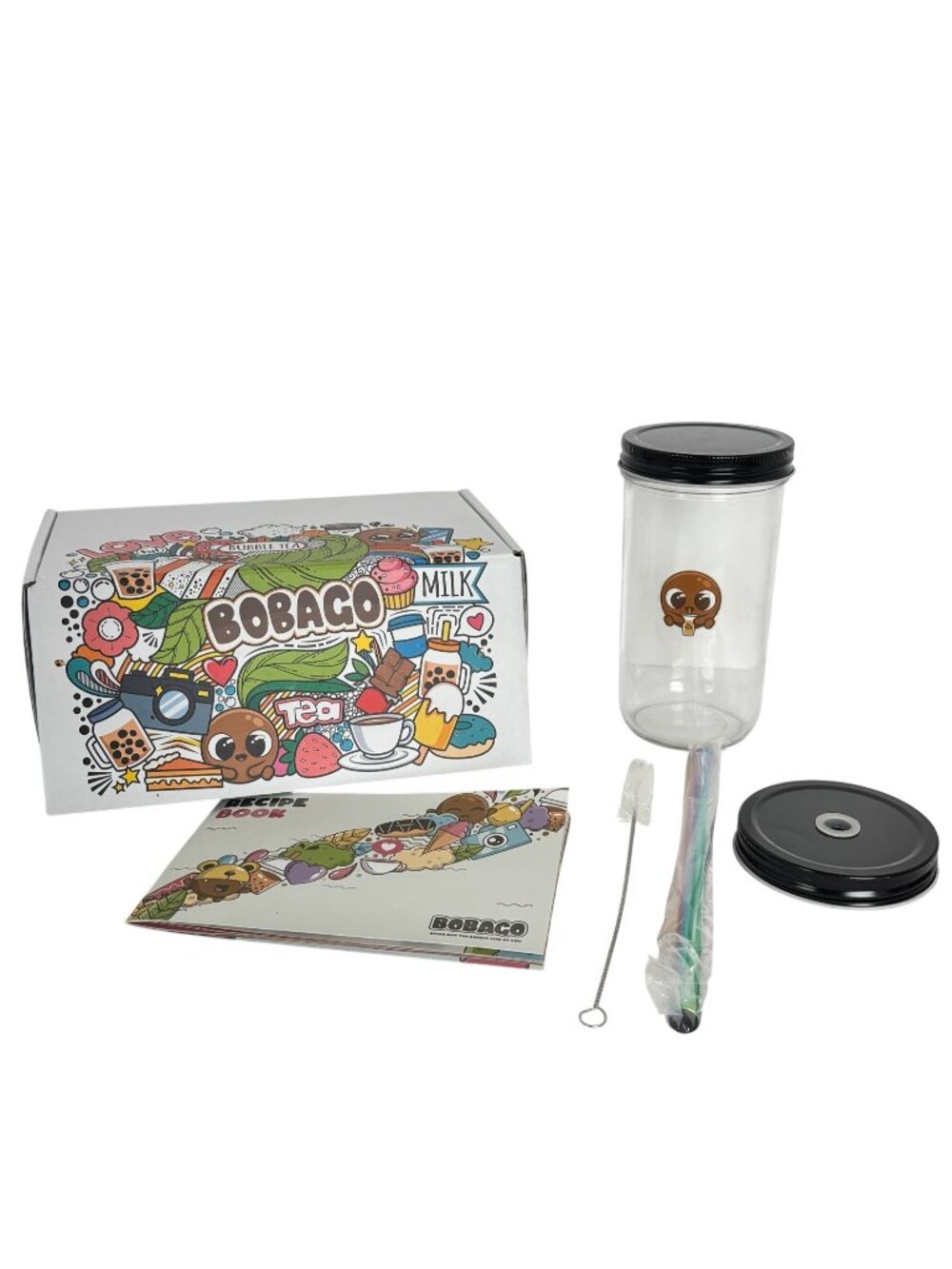 Bobago Bubble Tea Gift Set Glass Jar Cup Lid Straw Boba Recipe Book DIY Milk Tea
